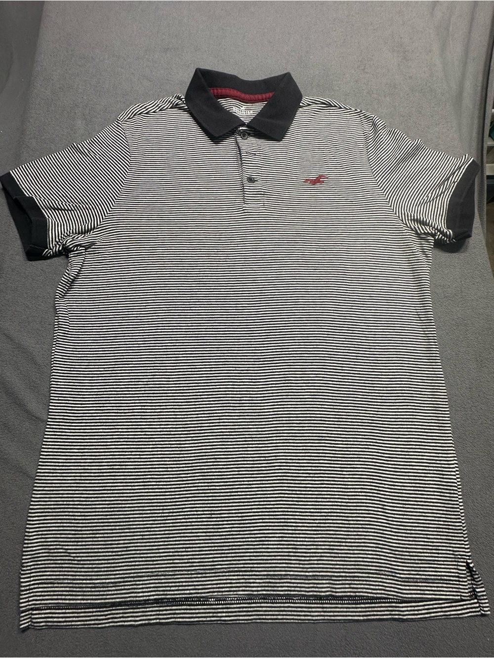 Hollister Black & White Striped Polo with Red Logo